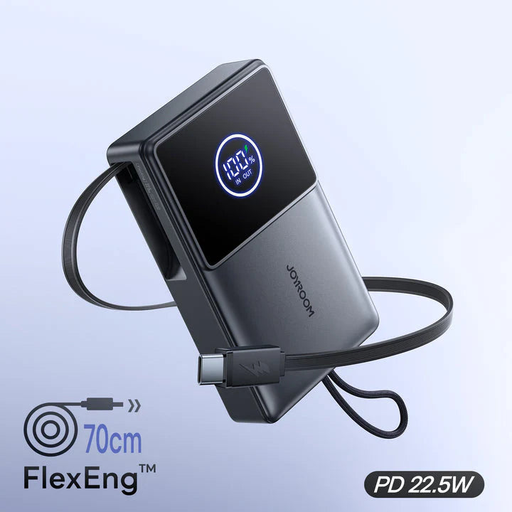 Joyroom JR-PR1 Power Bank - 10000mAh - 22.5W Fast Charging - Built-in Retractable Type-C Cable - Digital Display - Compact Portable Design