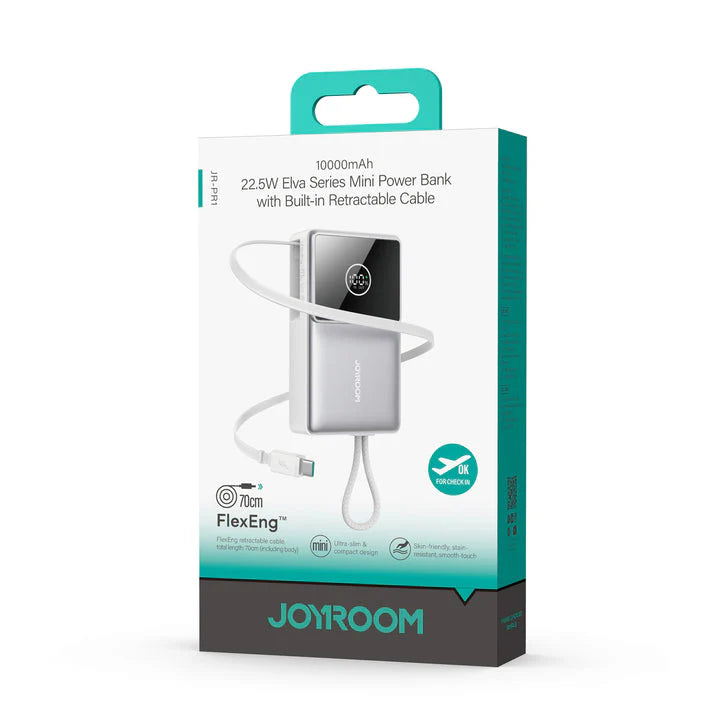 Joyroom JR-PR1 Power Bank - 10000mAh - 22.5W Fast Charging - Built-in Retractable Type-C Cable - Digital Display - Compact Portable Design