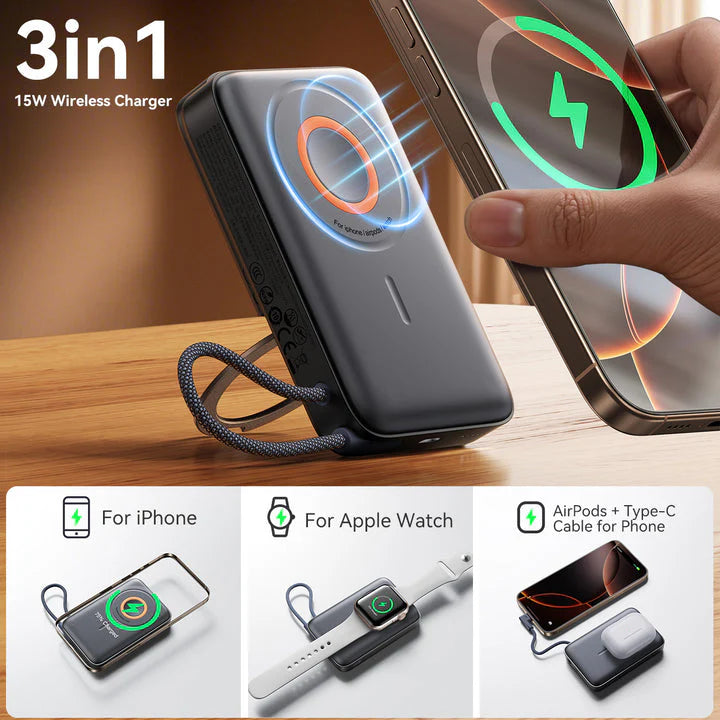 Joyroom JR-PBM02 3-in-1 Magnetic Wireless Power Bank - 10000mAh - 22.5W Fast Charging - Built-in Cables - Foldable Kickstand - Digital Display