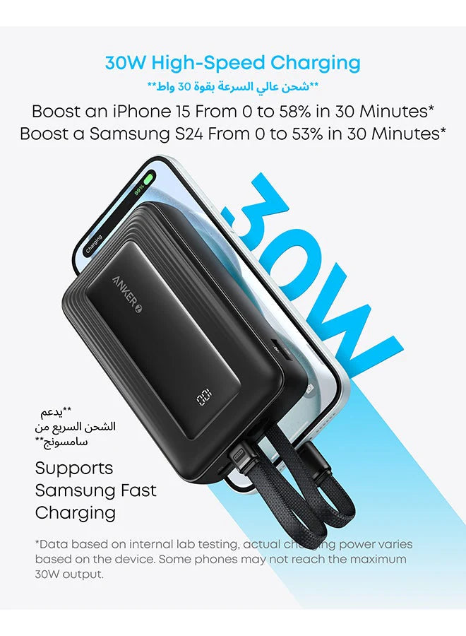 بنك طاقة أنكر زولو سعة 20000 مللي أمبير وشحن سريع بقدرة 30 واط - مزود بكابلات USB-C وLightning مدمجة