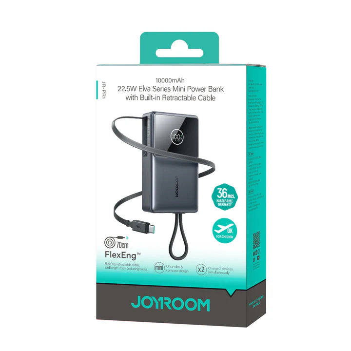 Joyroom JR-PR1 Power Bank - 10000mAh - 22.5W Fast Charging - Built-in Retractable Type-C Cable - Digital Display - Compact Portable Design