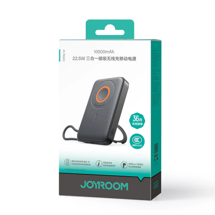 Joyroom JR-PBM02 3-in-1 Magnetic Wireless Power Bank - 10000mAh - 22.5W Fast Charging - Built-in Cables - Foldable Kickstand - Digital Display