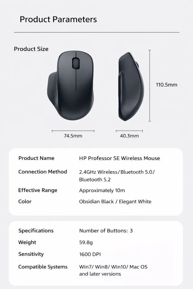 ماوس لاسلكي HP S1000 Plus Professor SE ثنائي الوضع - اتصال 2.4 جيجاهرتز وبلوتوث 5.4 - مستشعر بصري 1600 نقطة لكل بوصة - أزرار نقر صامتة - تصميم مريح - إعداد 3 أزرار
