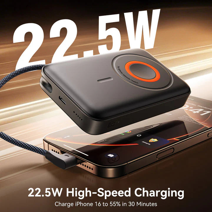 Joyroom JR-PBM02 3-in-1 Magnetic Wireless Power Bank - 10000mAh - 22.5W Fast Charging - Built-in Cables - Foldable Kickstand - Digital Display