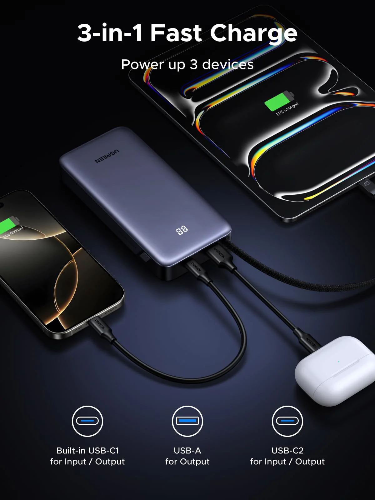 UGREEN Nexode Power Bank 20000mAh 45W Fast Charging with Built-in USB-C Cable