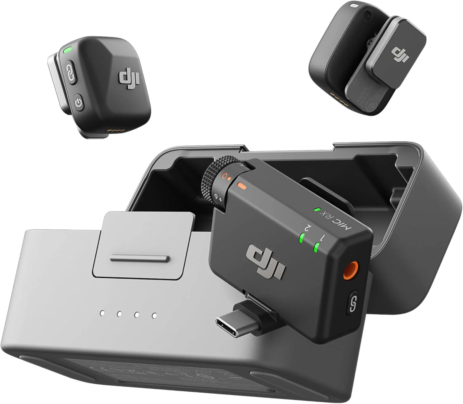 ميكروفون DJI Mic Mini لاسلكي (جهازان إرسال + جهاز استقبال واحد + علبة شحن) - صوت احترافي ثنائي القناة