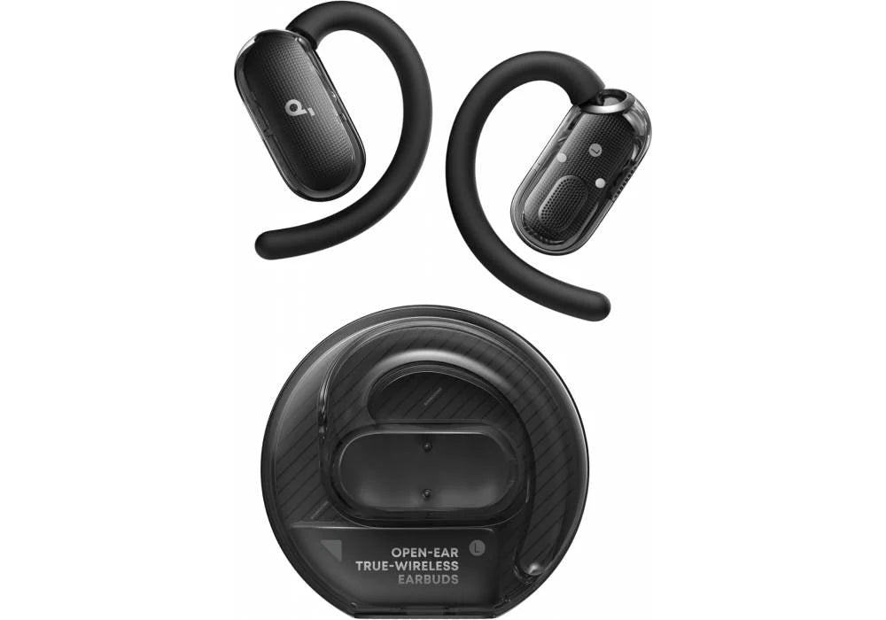 سماعات أذن ساوندكور V40i من أنكر ذات التصميم المفتوح، علبة ذات تصميم بدون غطاء، خطافات أذن قابلة للتعديل في 4 أوضاع، صوت جهير غني، مقاومة للماء بمعيار IP55، وقت تشغيل 21 ساعة، مكالمات واضحة بتقنية الذكاء الاصطناعي، بلوتوث 5.4