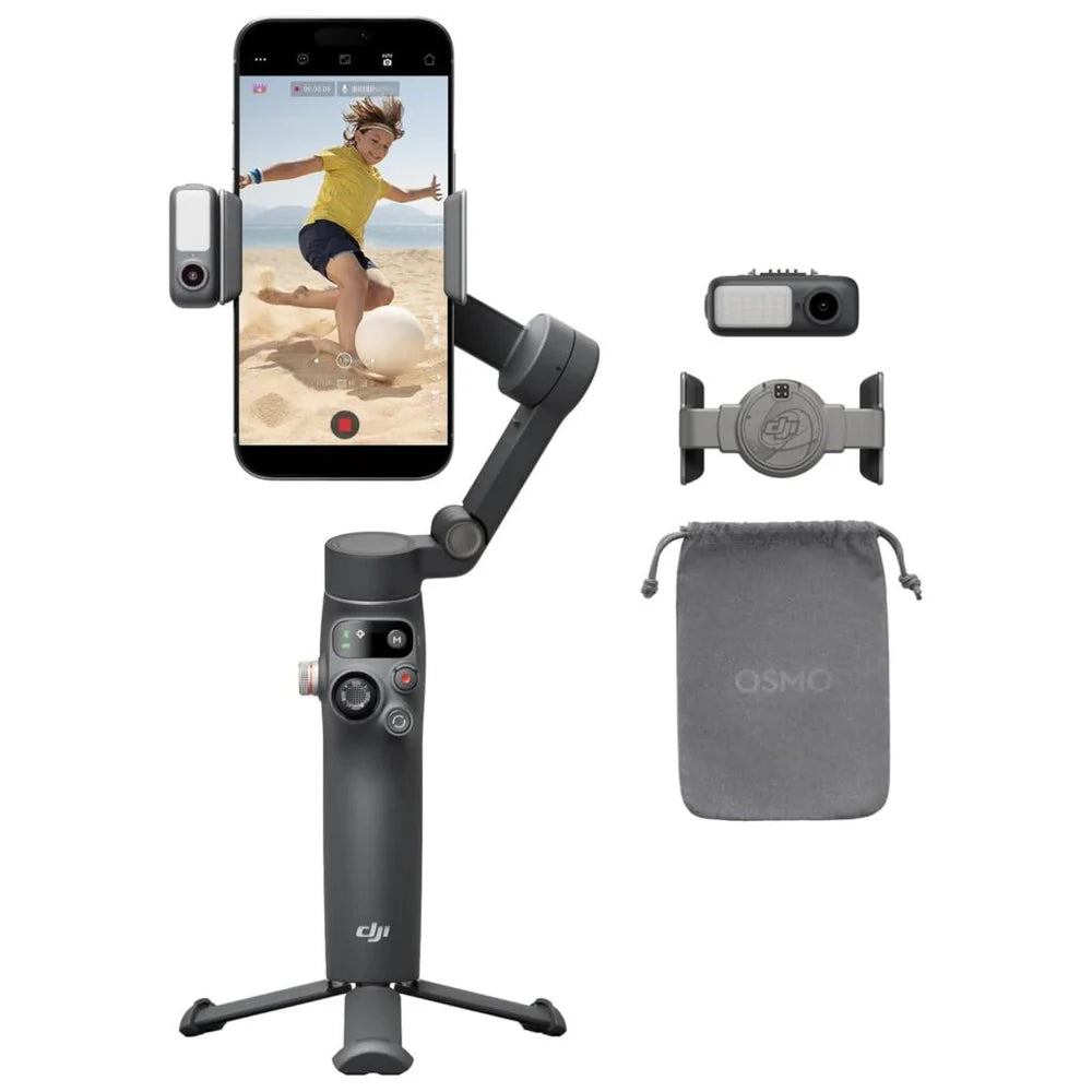 مثبت انحراف كاميرا الهاتف الذكي DJI أوسمو موبايل 7P - إضاءة تتبع مدمجة - دعم ميكروفون مدمج - تثبيت ثلاثي المحاور - تصميم قابل للطي - طقم تسجيل فيديو احترافي - رمادي