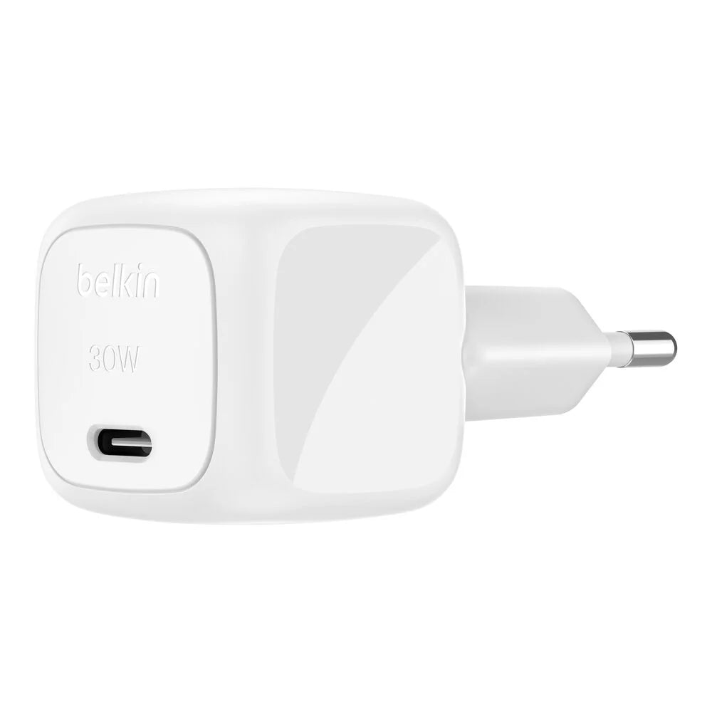 شاحن جداري مزدوج USB-C بقوة 30 واط من بلكين، شاحن سريع بمنفذين BoostCharge (20 واط + 10 واط / 30 واط فردي)، محول طاقة صغير لأجهزة آيفون وآيباد وسامسونج - أبيض