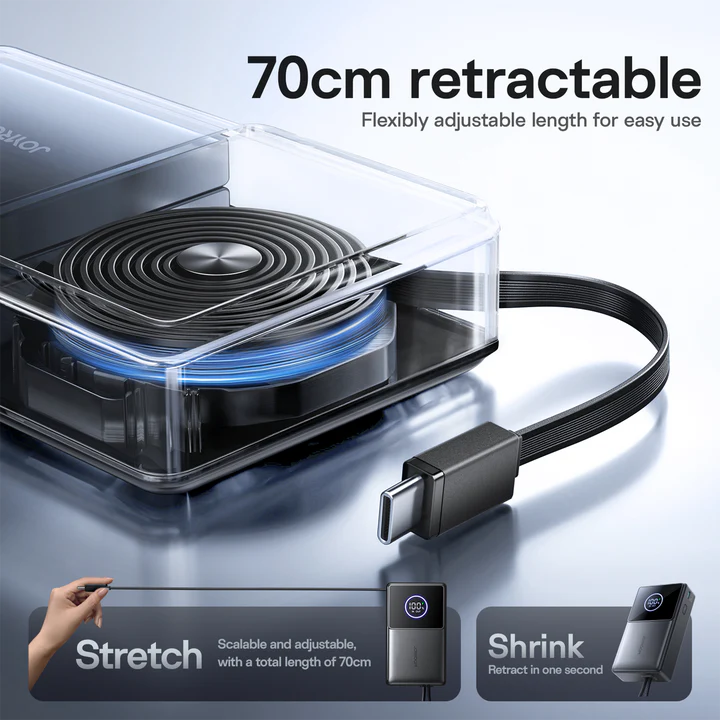 Joyroom JR-PR1 Power Bank - 10000mAh - 22.5W Fast Charging - Built-in Retractable Type-C Cable - Digital Display - Compact Portable Design