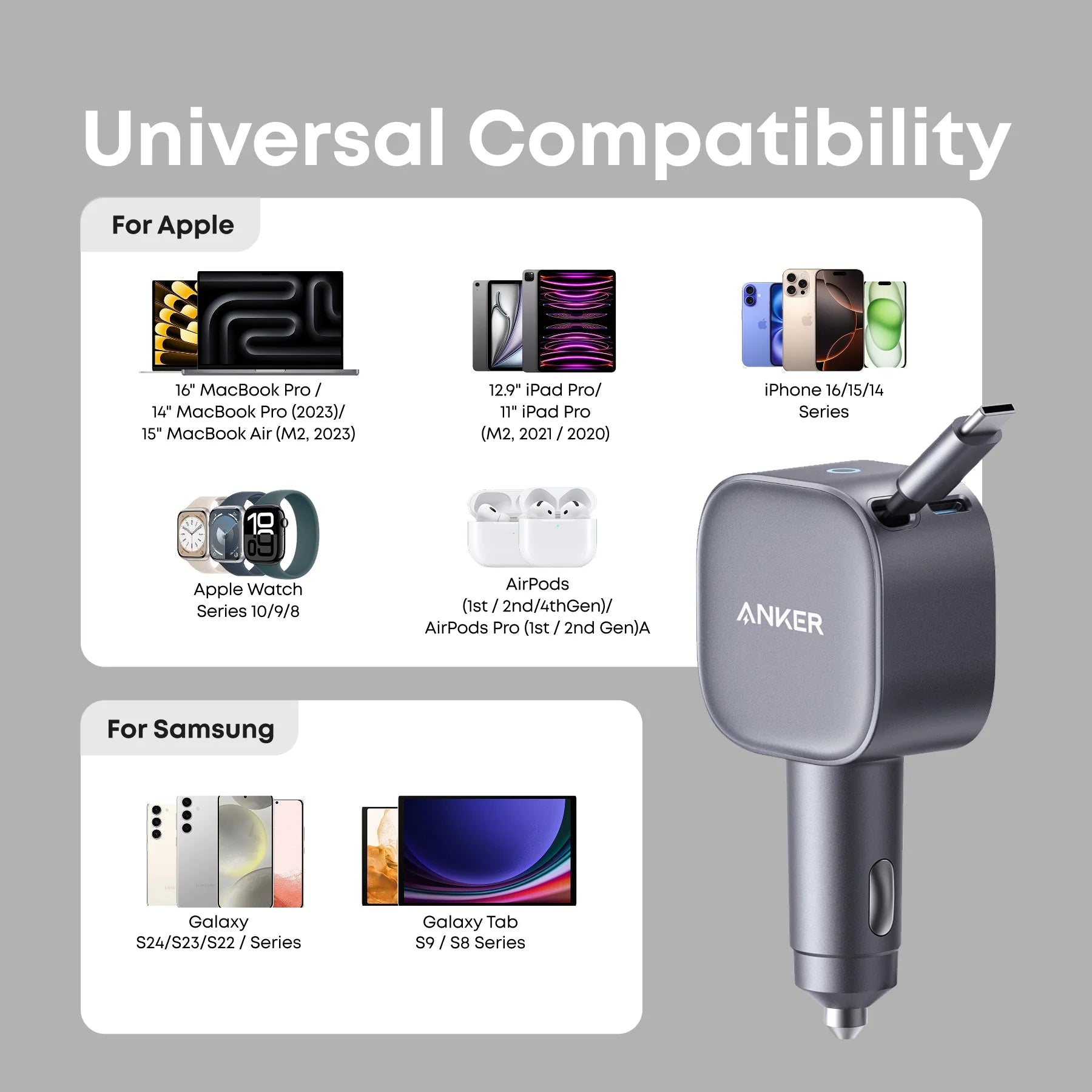 شاحن سيارة Anker Nano بقوة 75 واط بمنفذ USB-C مع كابل USB-C مدمج قابل للسحب – أسود