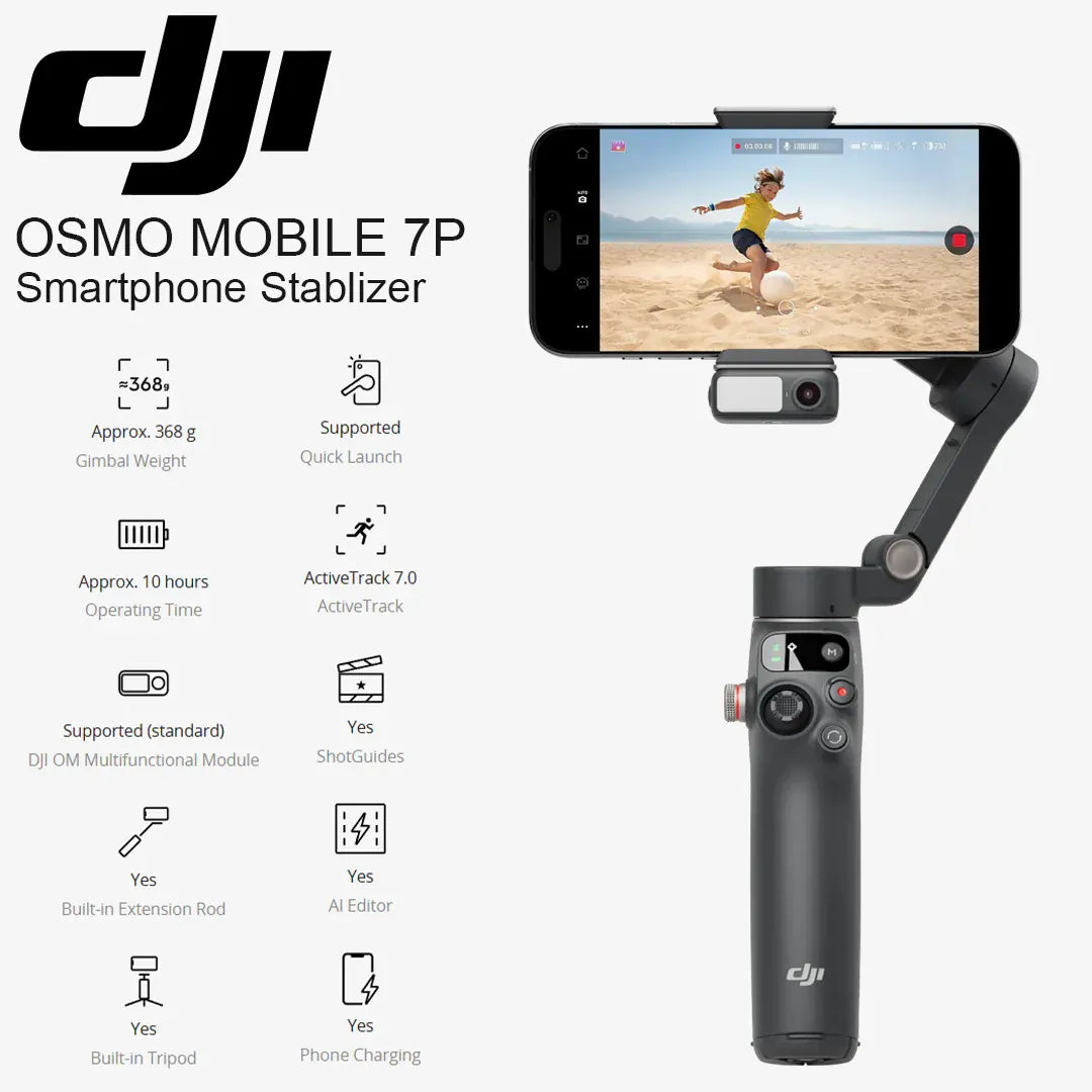 مثبت انحراف كاميرا الهاتف الذكي DJI أوسمو موبايل 7P - إضاءة تتبع مدمجة - دعم ميكروفون مدمج - تثبيت ثلاثي المحاور - تصميم قابل للطي - طقم تسجيل فيديو احترافي - رمادي