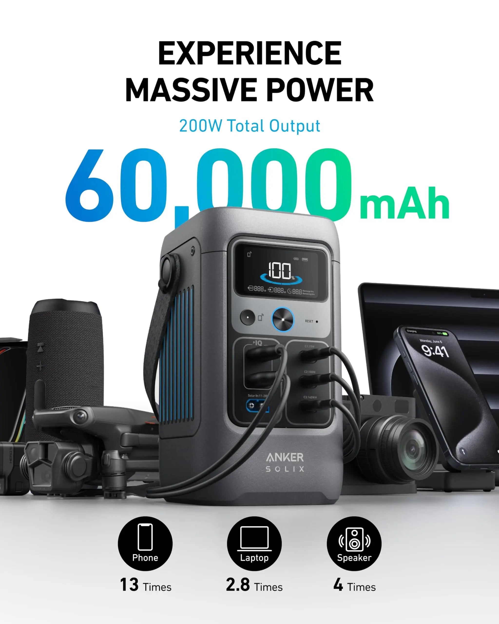 Anker SOLIX C200 DC Portable Power Station - 185Wh Capacity, 100W Fast Charging, LiFePO4 Battery, Dark Gray - A17270Z1