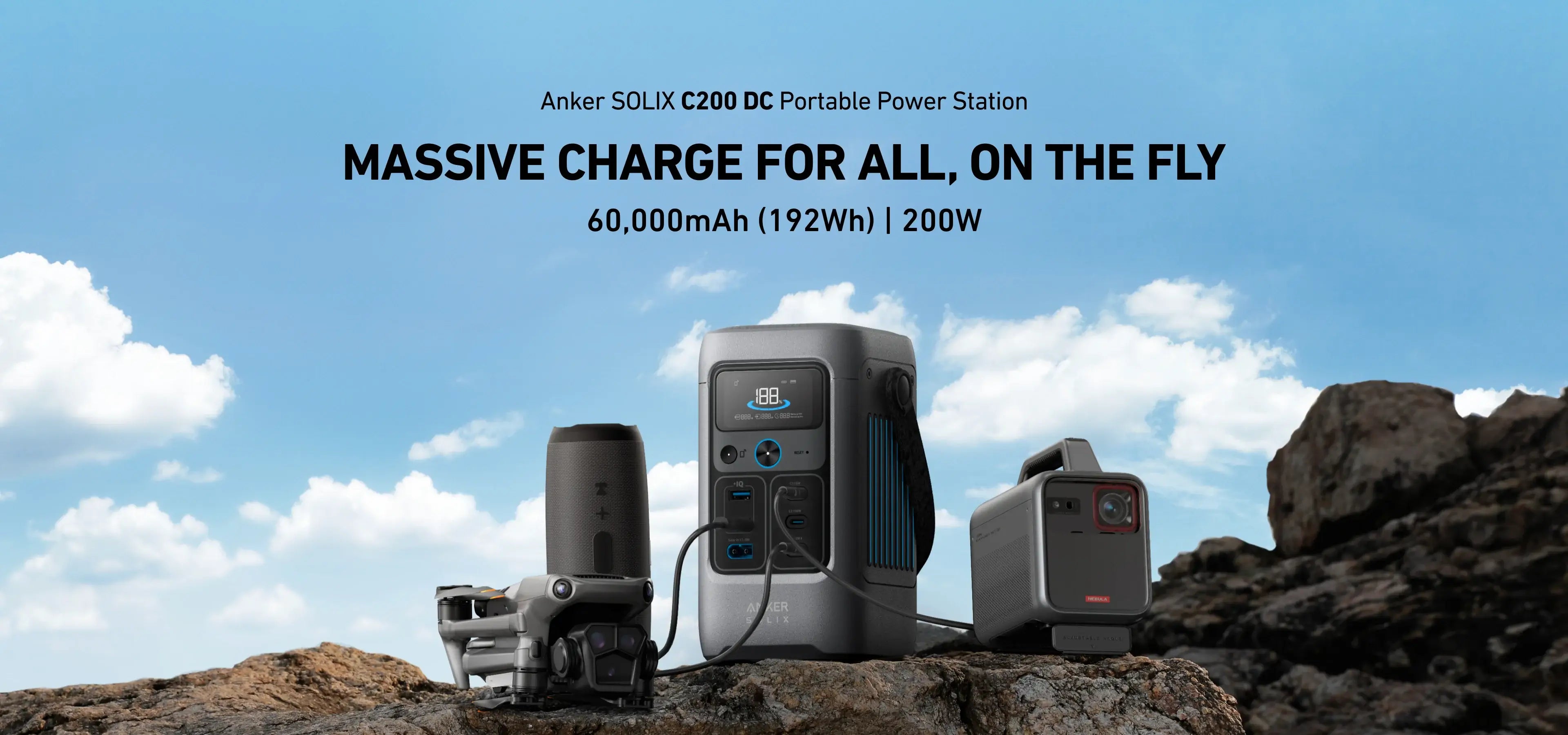 Anker SOLIX C200 DC Portable Power Station - 185Wh Capacity, 100W Fast Charging, LiFePO4 Battery, Dark Gray - A17270Z1