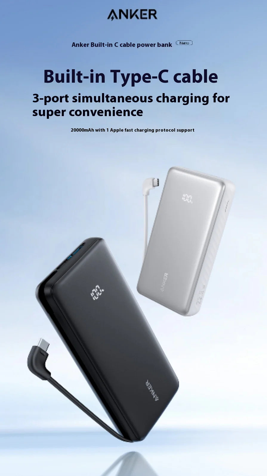 Anker Zolo Power Bank 10,000mAh 22.5W with Built-In USB-C Cable