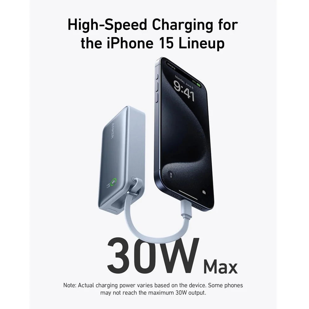 Anker Nano Power Bank 30W with Built-in USB-C Cable - 10,000mAh Portable Charger - Bi-Directional Fast Charging - Smart Digital Display - Compact Travel Friendly Design