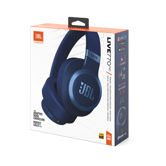 سماعات رأس لاسلكية JBL Live 770NC عازلة للضوضاء توضع على الأذن مع خاصية إلغاء الضوضاء التكيفية الحقيقية، والوعي بالبيئة المحيطة، وعمر بطارية يدوم 65 ساعة