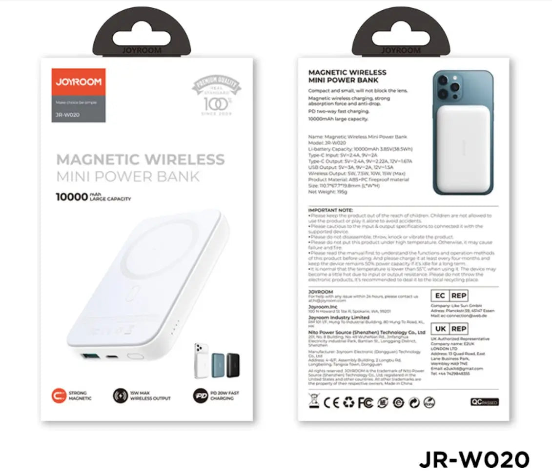 Joyroom JR‑W020 MagSafe‑Style Mini Magnetic Wireless Power Bank – 10,000 mAh, 20 W