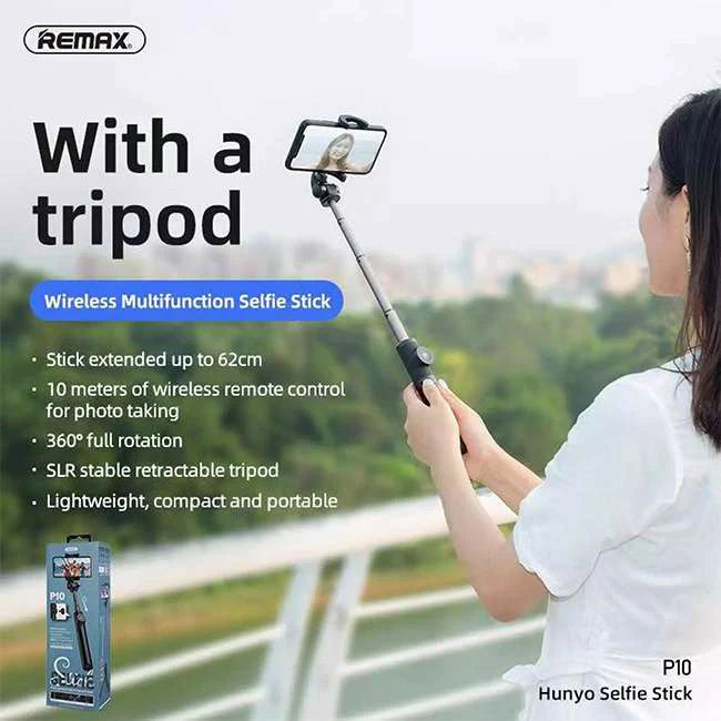 Remax P10 Bluetooth Selfie Stick with Remote Control & Tripod Mode