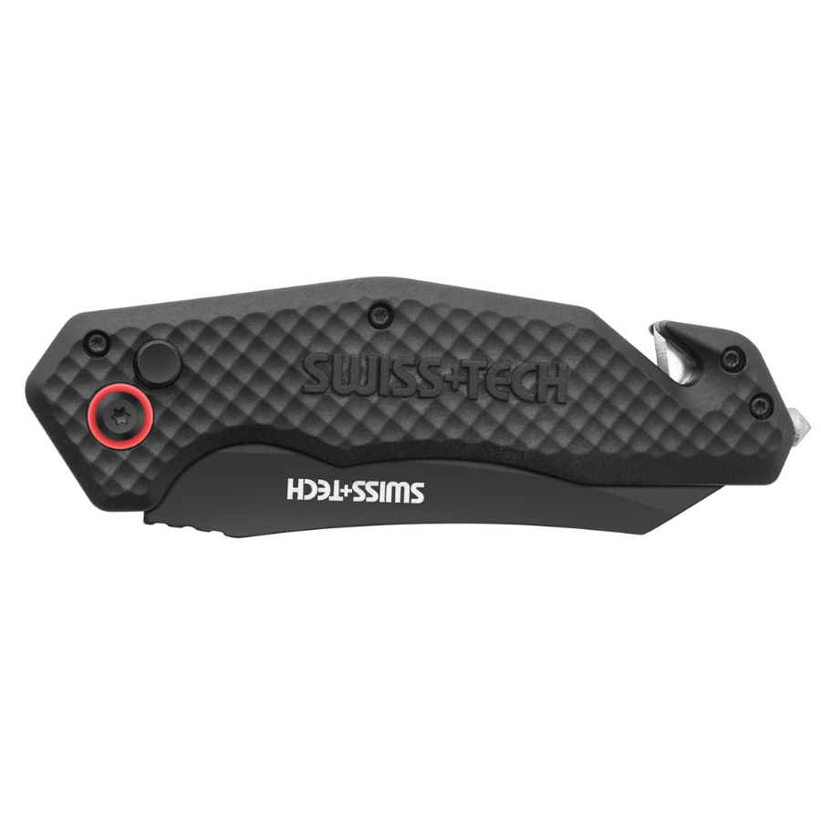 Swiss Tech ST014015 3-in-1 Tactical Folding Knife - Quick-Open Button, Rope Cutter & Glass Breaker