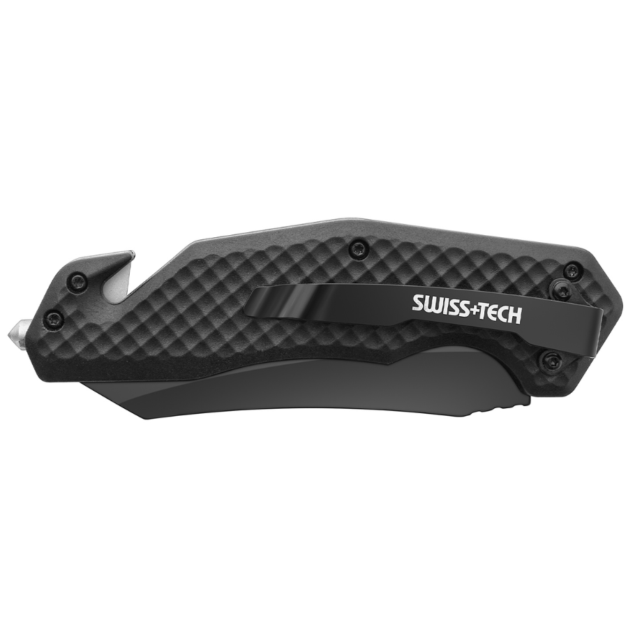 Swiss Tech ST014015 3-in-1 Tactical Folding Knife - Quick-Open Button, Rope Cutter & Glass Breaker