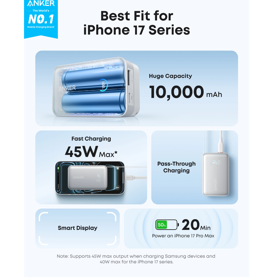 Anker Nano Power Bank 10,000mAh (A1638H21) - 45W Ultra-Fast PD Charging with Built-In USB-C Cable