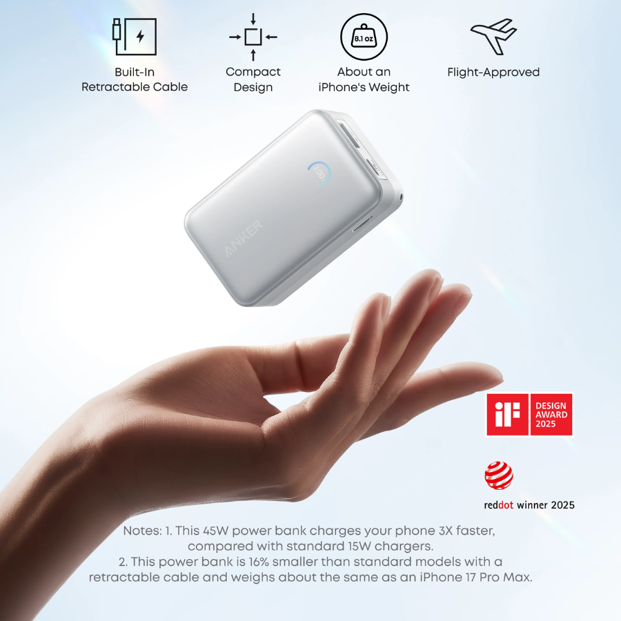 Anker Nano Power Bank 10,000mAh (A1638H21) - 45W Ultra-Fast PD Charging with Built-In USB-C Cable