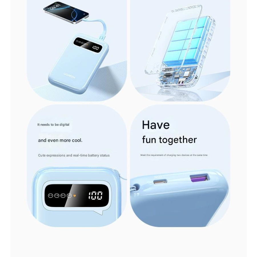 Ugreen 10,000mAh Portable Power Bank (PB522) - 20W PD Fast Charging with USB-C to USB-C Cable