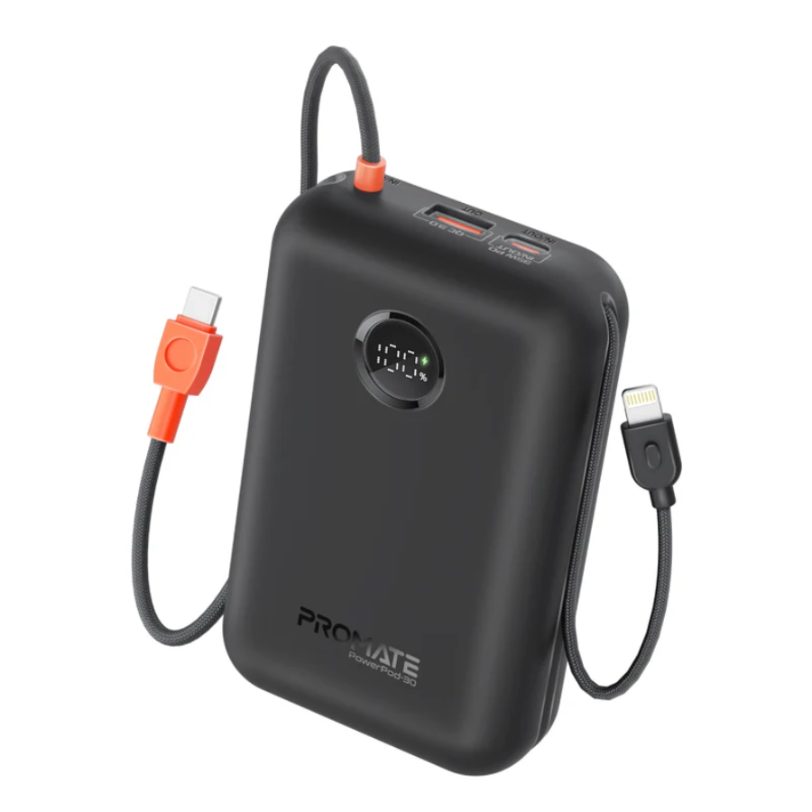 Promate 30,000mAh High-Capacity Power Bank - 35W Fast Charging with Integrated USB-C & Lightning Cables