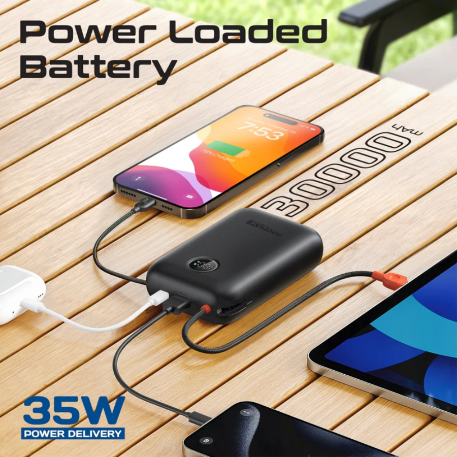 باور بانك بروميت بسعة 30000 مللي أمبير - شحن سريع 35 واط مع كابلات USB-C و لايتنينج مدمجة