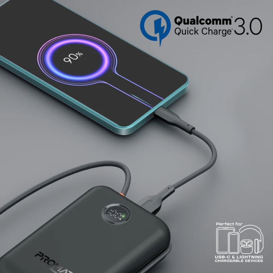 Promate 30,000mAh High-Capacity Power Bank - 35W Fast Charging with Integrated USB-C & Lightning Cables