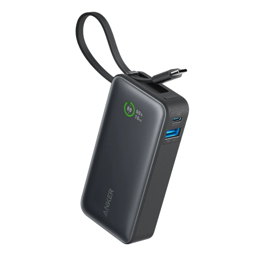 Anker Nano Power Bank 30W with Built-in USB-C Cable - 10,000mAh Portable Charger - Bi-Directional Fast Charging - Smart Digital Display - Compact Travel Friendly Design