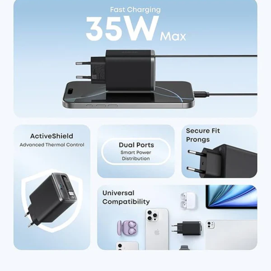 Anker Nano Charger 35W Built In Retracable USB-C Cable - Dual Port Fast Charger, Compact Design for Travel and Home