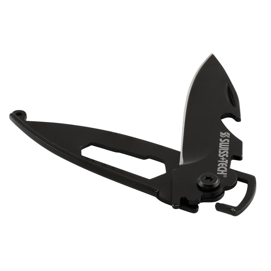 Swiss+Tech 4-in-1 camping Micro-Tool Keychain ST45019 - Compact Stainless Steel Pocket Knife, Screwdrivers & Bottle Opener