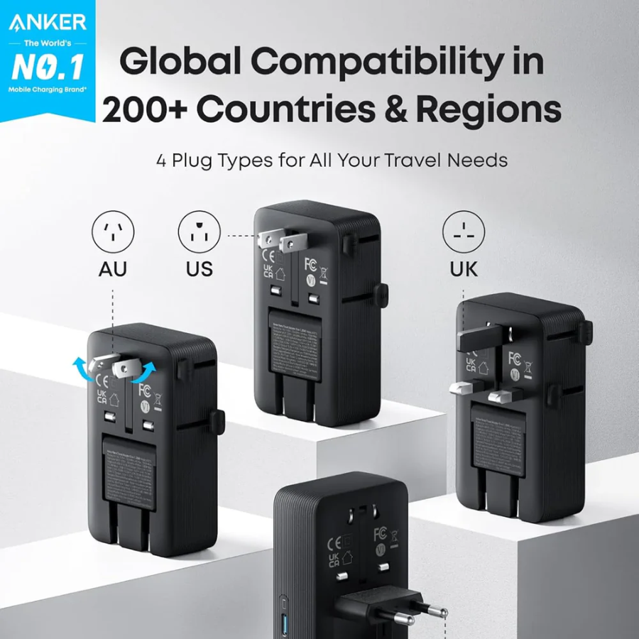 Anker Nano 5-in-1 Travel Adapter - 20W Fast Charging, Universal Plug for 150+ Countries, 2 USB-C & 2 USB-A Ports