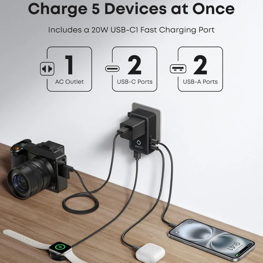 Anker Nano 5-in-1 Travel Adapter - 20W Fast Charging, Universal Plug for 150+ Countries, 2 USB-C & 2 USB-A Ports