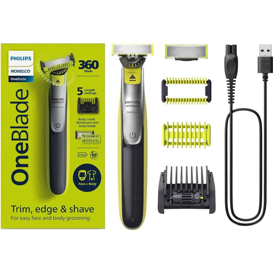 Philips OneBlade 360 Face & Body (QP2834/65) - Hybrid Electric Trimmer & Shaver, Flexible 360 Blade, Waterproof & Rechargeable - Black/Lime