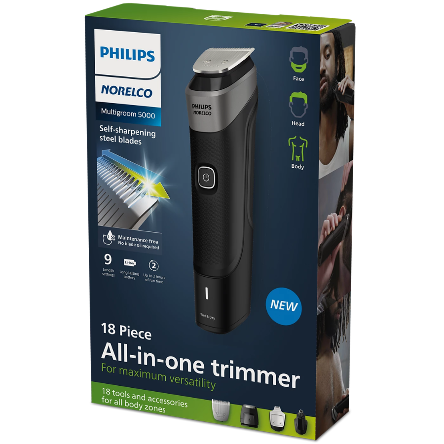 Philips All-in-One Trimmer Series 5000 - 18 Tools for Face, Hair & Body, BeardSense Technology, Self-Sharpening Steel Blades