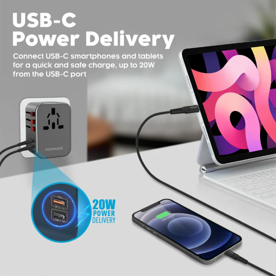 Promate TripMate-36W Universal Travel Adapter - 30W USB-C Power Delivery, 3 USB Ports, Multi-Regional Plugs for Over 200 Countries