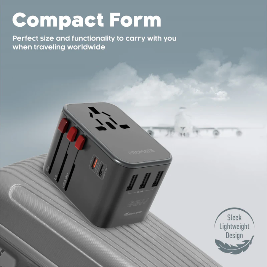 Promate TripMate-36W Universal Travel Adapter - 30W USB-C Power Delivery, 3 USB Ports, Multi-Regional Plugs for Over 200 Countries