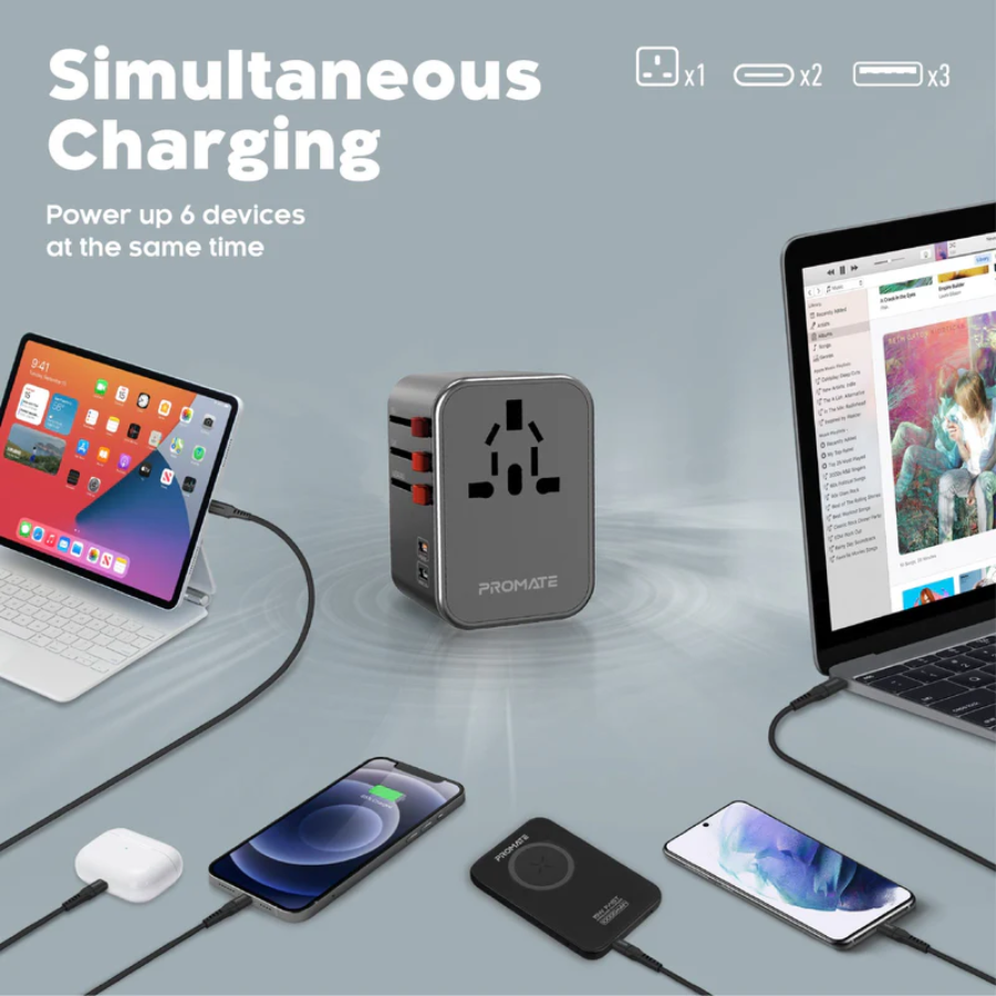 Promate TripMate-36W Universal Travel Adapter - 30W USB-C Power Delivery, 3 USB Ports, Multi-Regional Plugs for Over 200 Countries