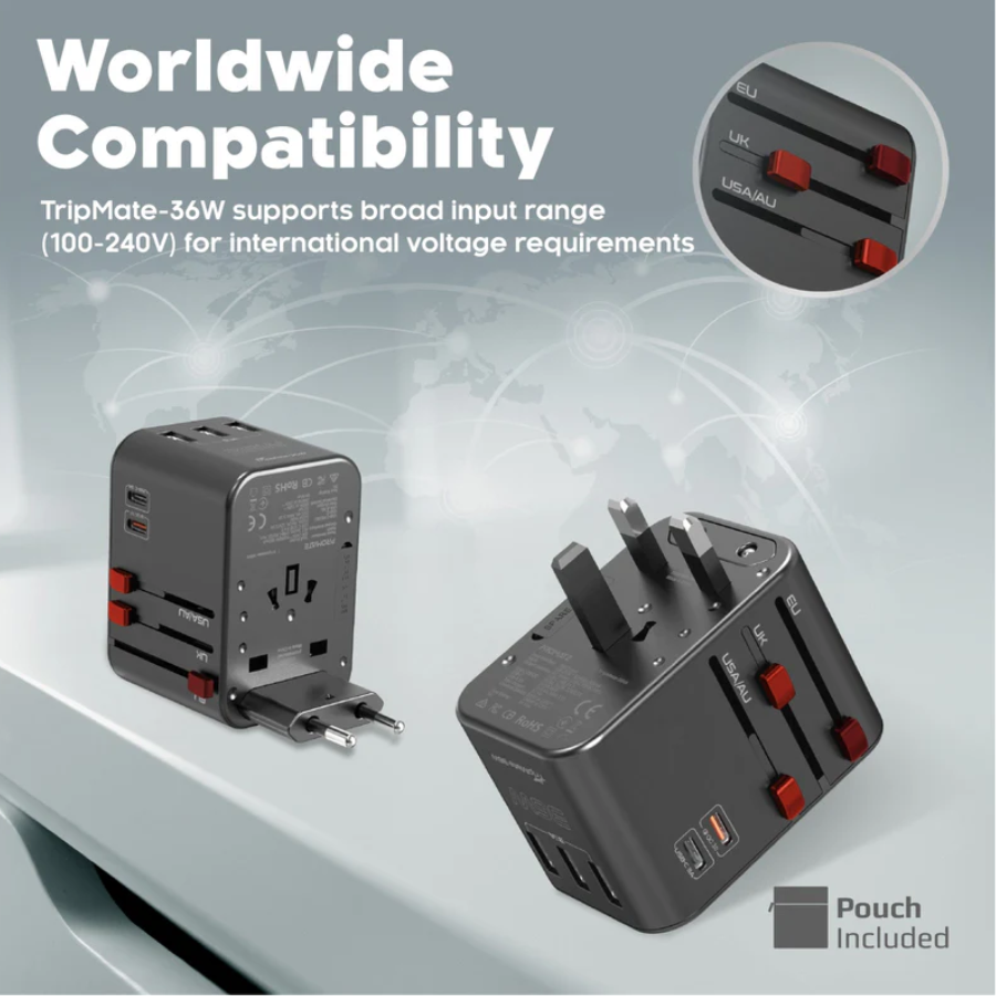 Promate TripMate-36W Universal Travel Adapter - 30W USB-C Power Delivery, 3 USB Ports, Multi-Regional Plugs for Over 200 Countries