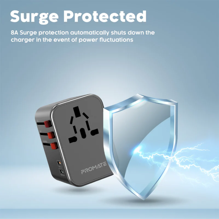 Promate TripMate-36W Universal Travel Adapter - 30W USB-C Power Delivery, 3 USB Ports, Multi-Regional Plugs for Over 200 Countries