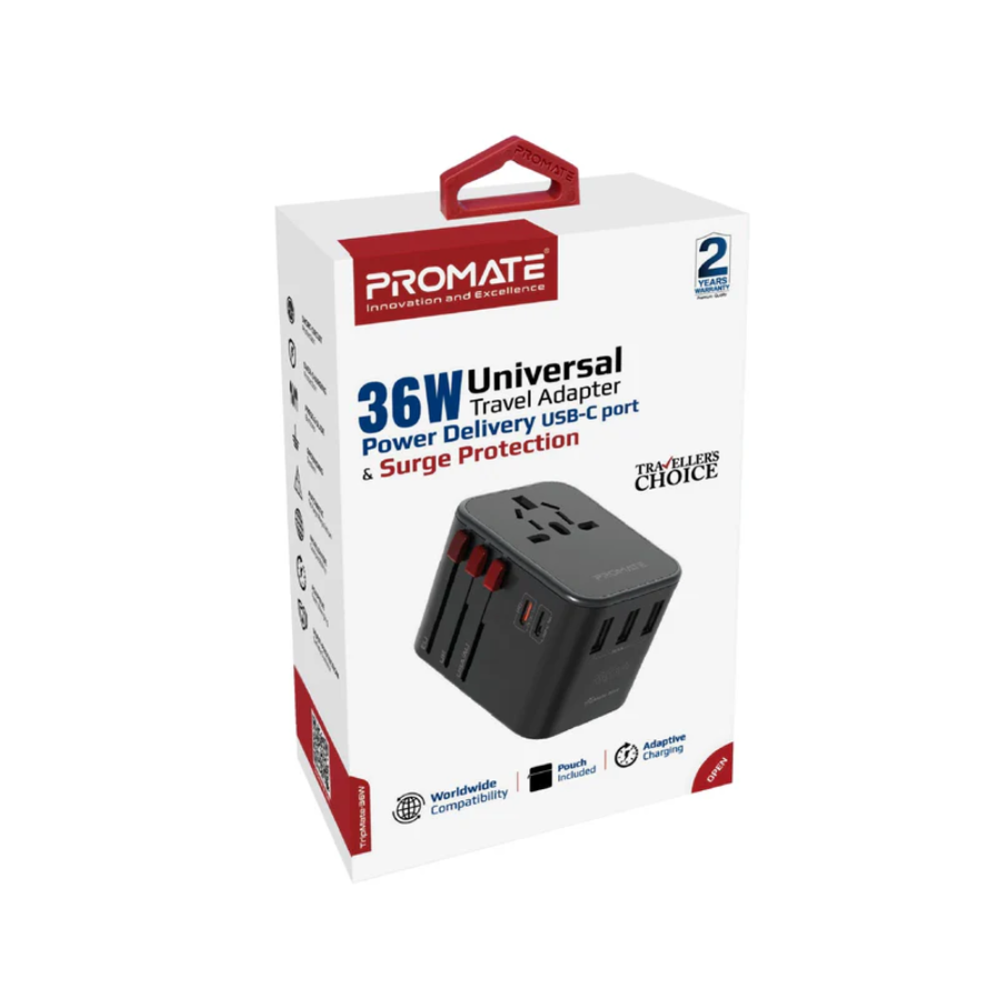 Promate TripMate-36W Universal Travel Adapter - 30W USB-C Power Delivery, 3 USB Ports, Multi-Regional Plugs for Over 200 Countries
