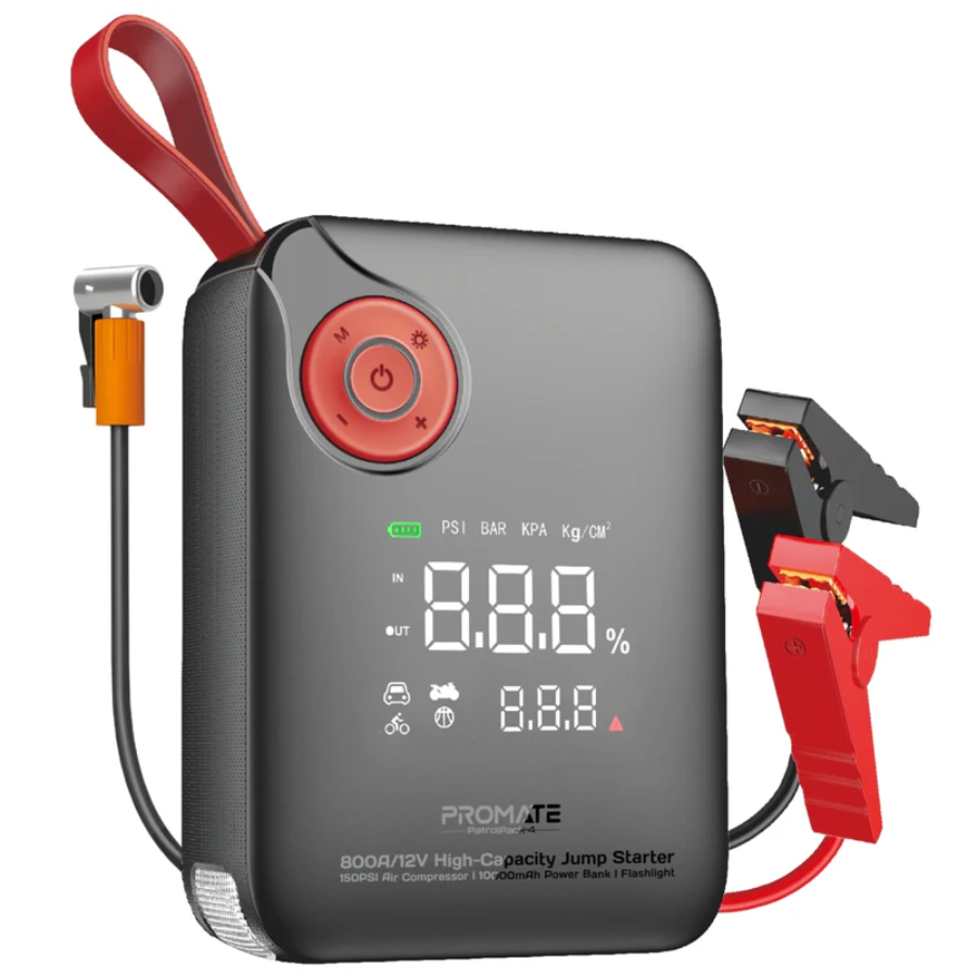 Promate PatrolPack-4 4-in-1 Car Emergency Kit - 800A Jump Starter, 150PSI Air Compressor, 10000mAh Power Bank & LED Flashlight