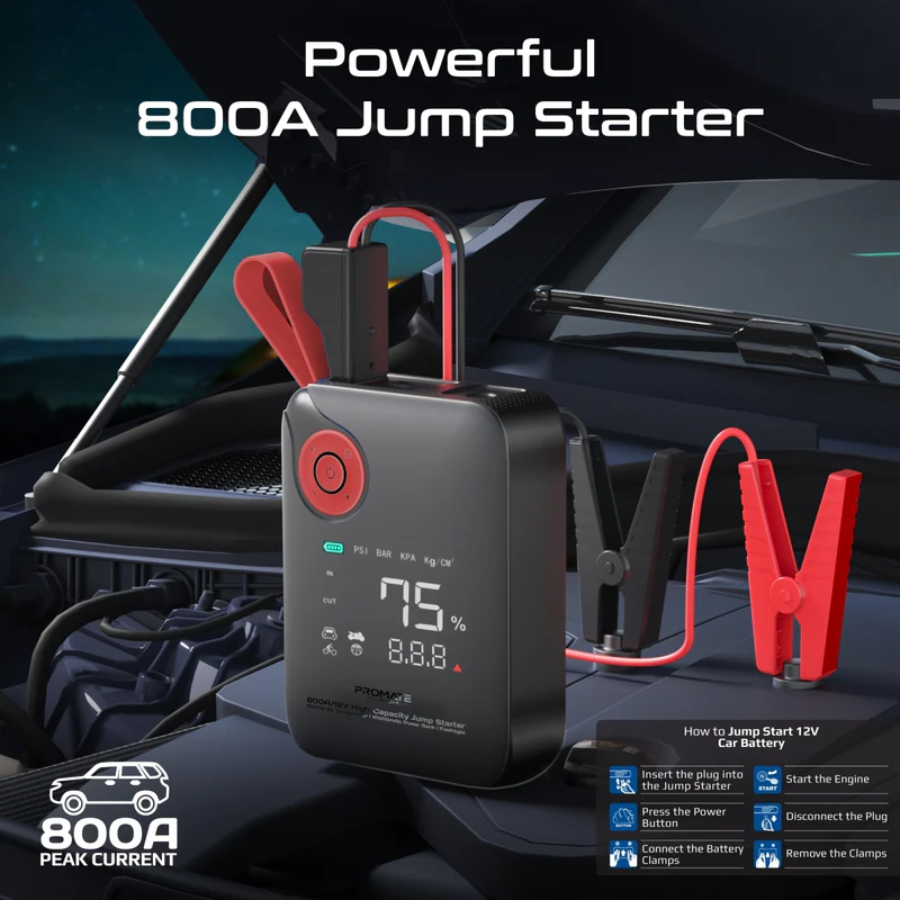 Promate PatrolPack-4 4-in-1 Car Emergency Kit - 800A Jump Starter, 150PSI Air Compressor, 10000mAh Power Bank & LED Flashlight
