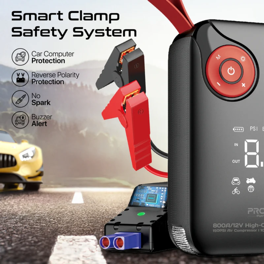 Promate PatrolPack-4 4-in-1 Car Emergency Kit - 800A Jump Starter, 150PSI Air Compressor, 10000mAh Power Bank & LED Flashlight