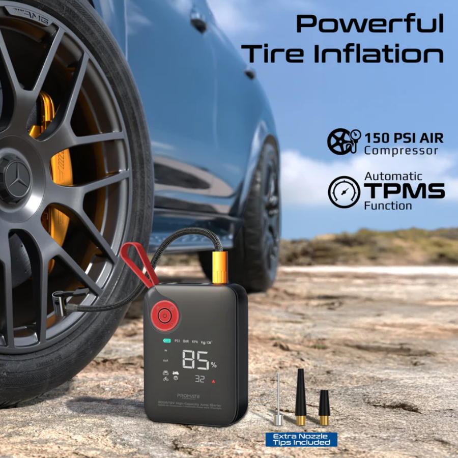 Promate PatrolPack-4 4-in-1 Car Emergency Kit - 800A Jump Starter, 150PSI Air Compressor, 10000mAh Power Bank & LED Flashlight