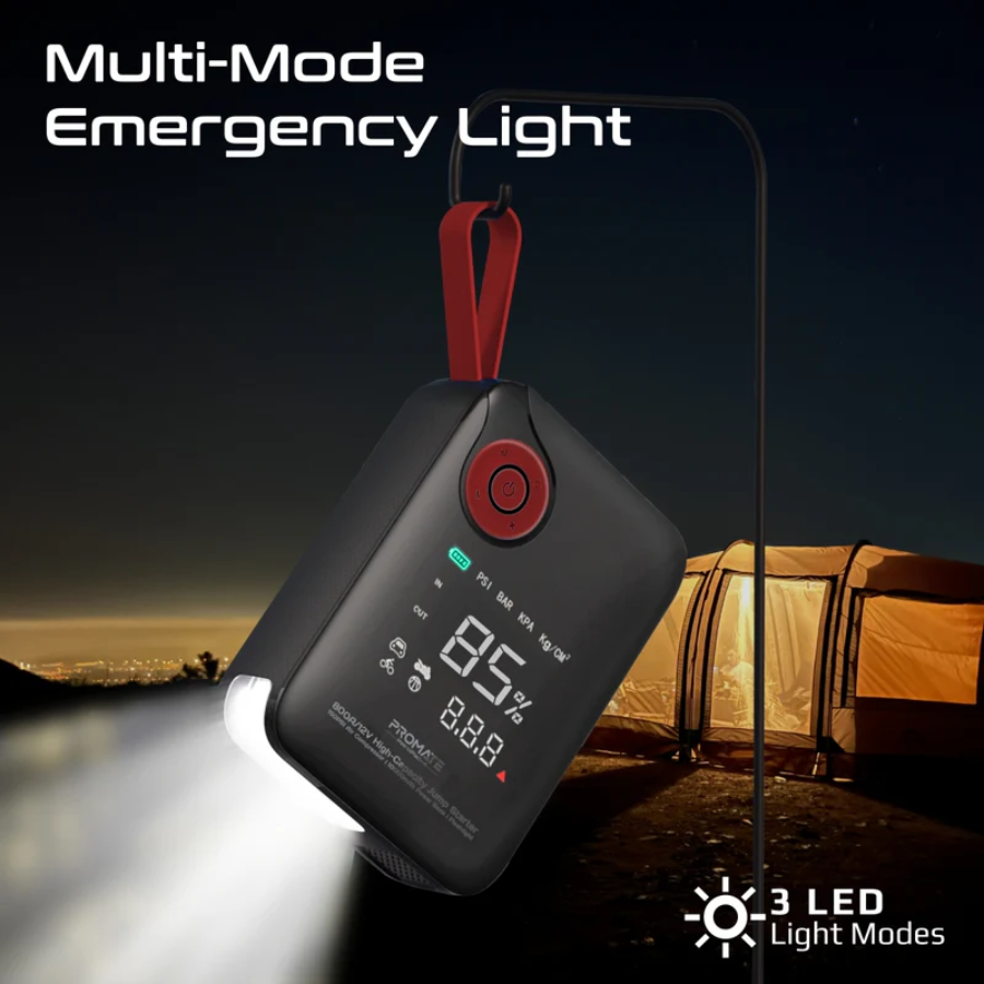 Promate PatrolPack-4 4-in-1 Car Emergency Kit - 800A Jump Starter, 150PSI Air Compressor, 10000mAh Power Bank & LED Flashlight