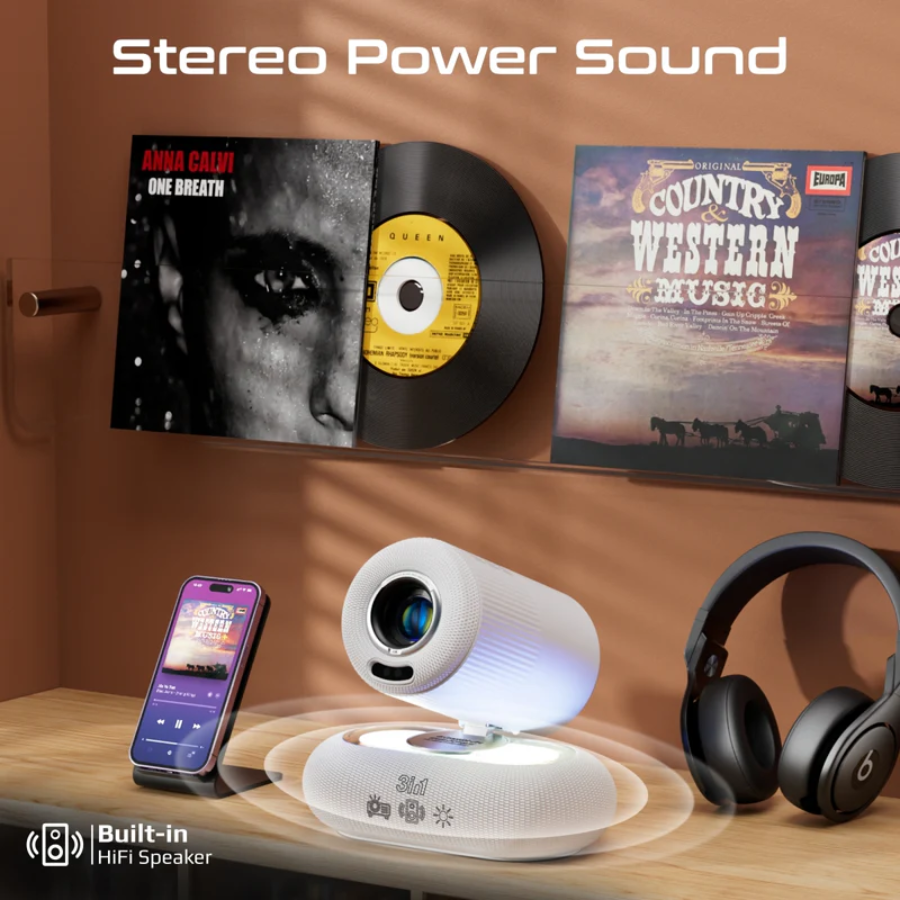 Promate 3in1 Beamer-250R Smart Home Projector - Native 1080p Full HD, 250 Lumens, Android OS & Wireless Screen Mirroring